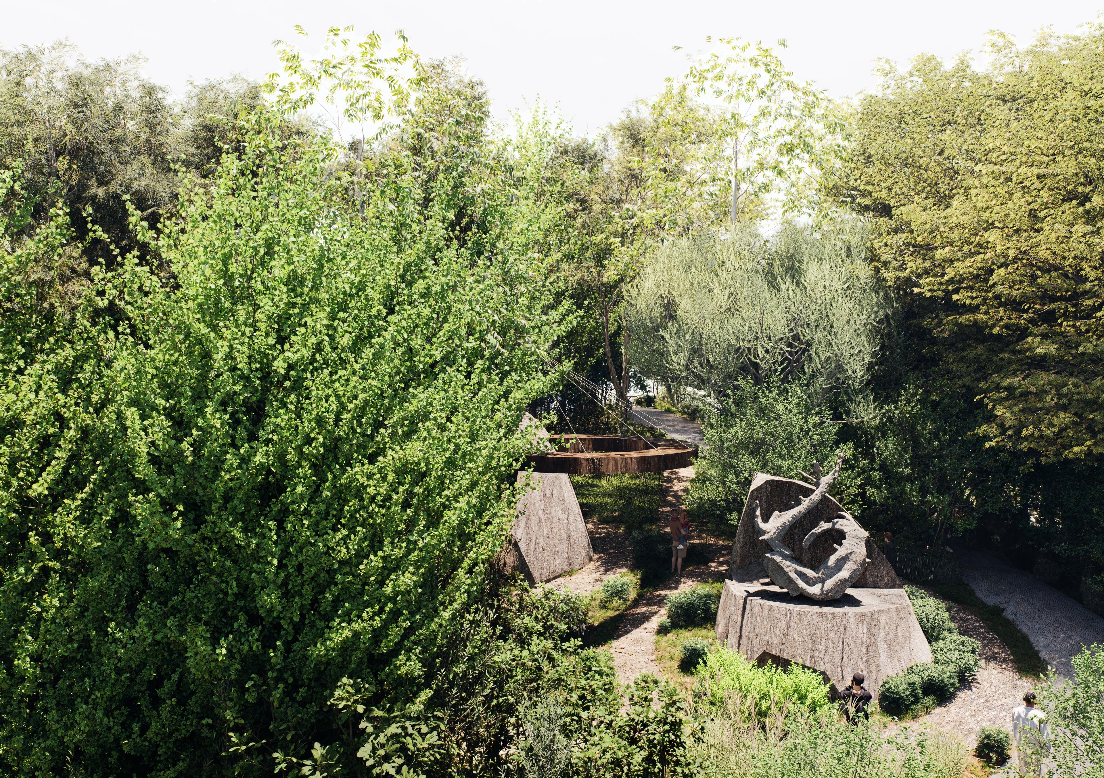 Couple riding bicycles on a path through a lush green park